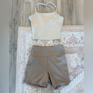 H & M Move Cream Crop Top and Taupe Shorts Gym Workout Set